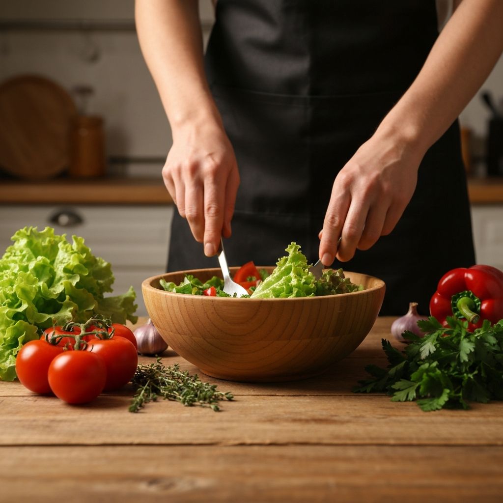 Руке миксирају свежу салату у дрвеној посуди