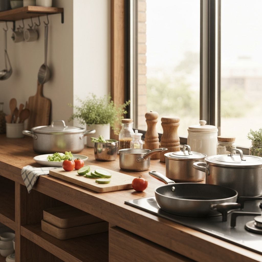 Чист организиран кухненски простор с резањем станицей и свежиши съставките