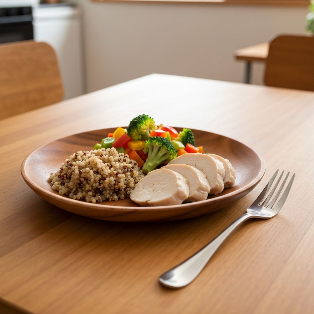 Балансирана ручна тарелка с зърнена, поврће и протеін
